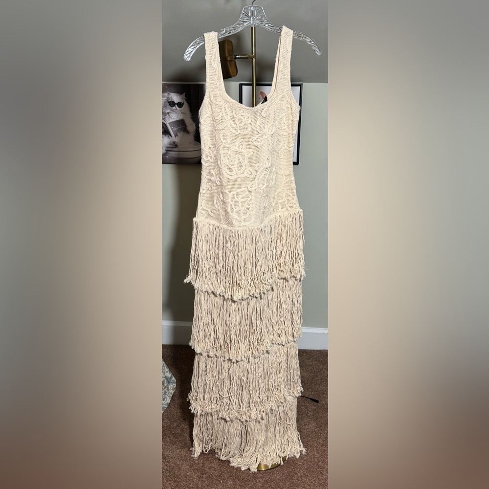 NWT Incredible Cream Crotchet Maxi Dress w/ Lots of Fringe Details Retail $1699!